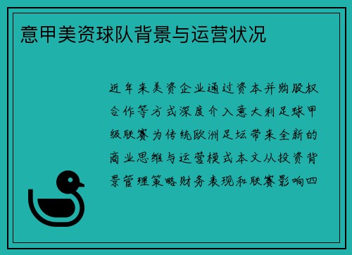 意甲美资球队背景与运营状况